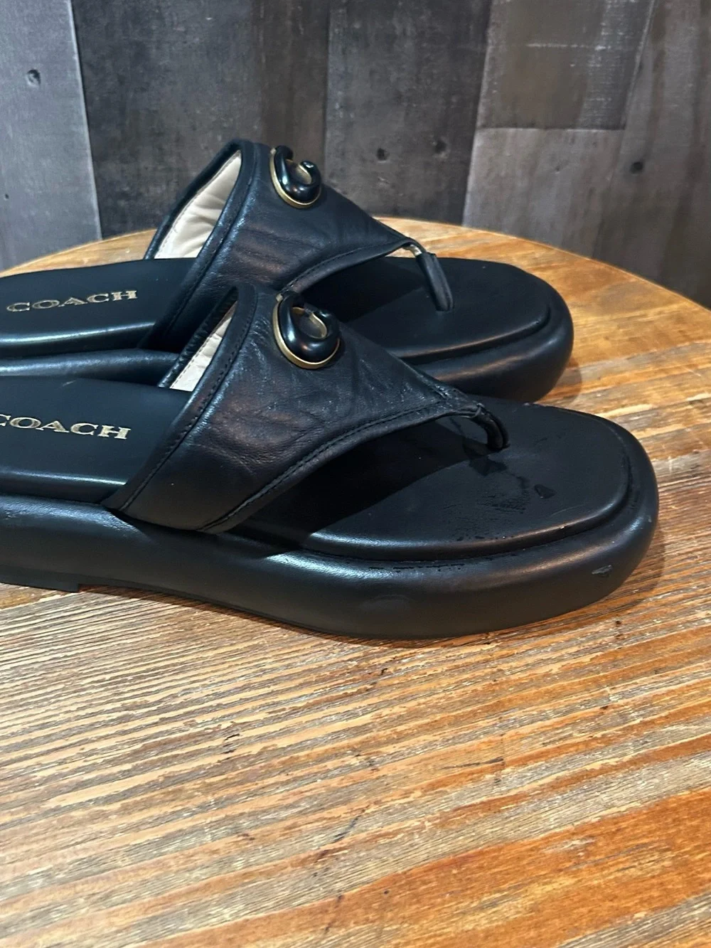 Coach Black Leather Thong Sandals with Gold 'C' Logo
